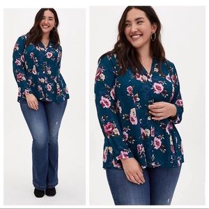 🆕 Torrid Fit & Flare Harper Floral Hi-Low Tie Back Long Sleeve Georgette Blouse